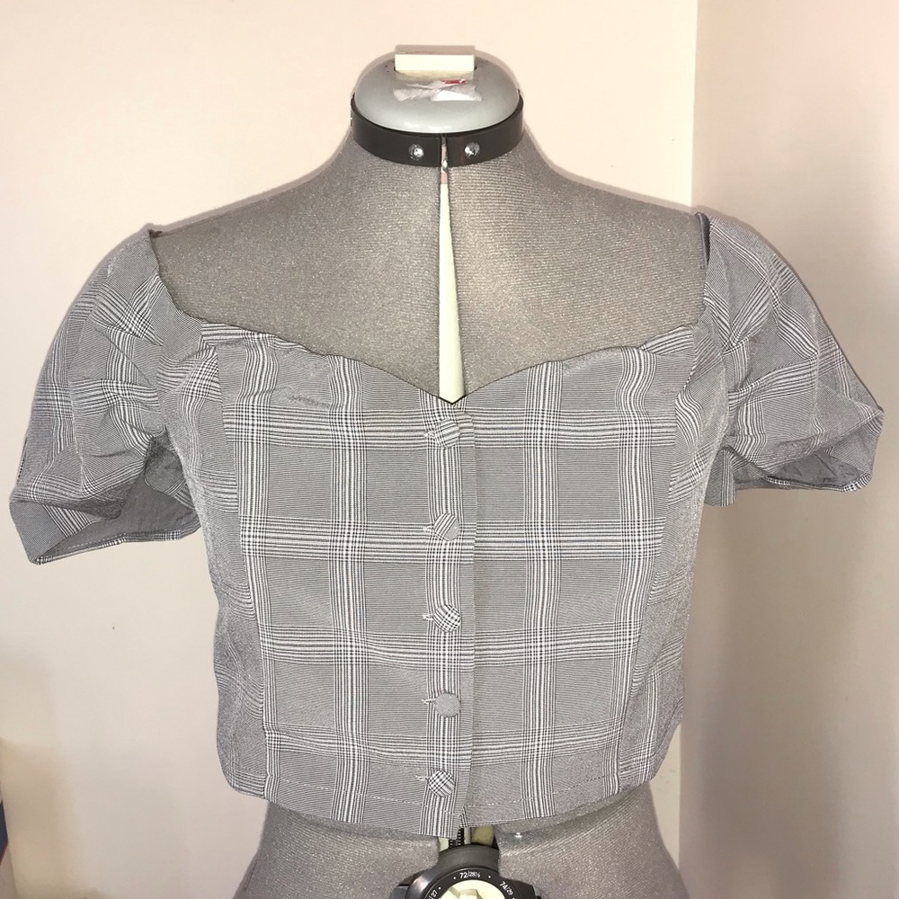 Sensemill Gray Cropped Plaid Puff Sleeve Blouse,Button Up Puff Sleeve Sweetheart